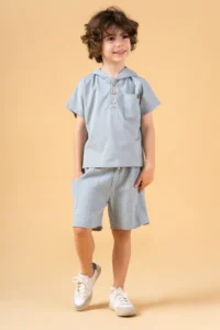 Minipodyum Boy's Summer Double Set with Hooded Muslin Shorts - Image 2