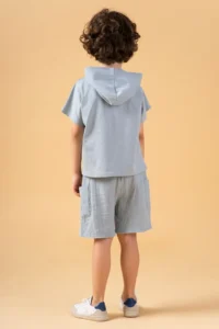 Minipodyum Boy's Summer Double Set with Hooded Muslin Shorts - Image 3
