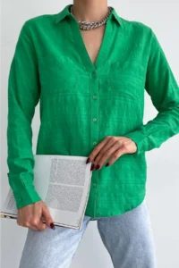 FEMELLE Women's V-Neck Double Pocket Folding Sleeve Slim Fit Shirt