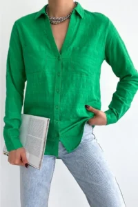 FEMELLE Women's V-Neck Double Pocket Folding Sleeve Slim Fit Shirt - Image 2