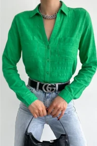 FEMELLE Women's V-Neck Double Pocket Folding Sleeve Slim Fit Shirt - Image 3