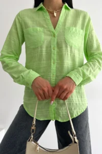 FEMELLE Women's Light Green V-Neck Double Pocket Folding Sleeve Slim Fit Shirt