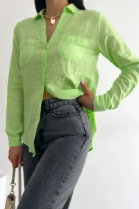 FEMELLE Women's Light Green V-Neck Double Pocket Folding Sleeve Slim Fit Shirt - Image 2