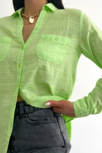 FEMELLE Women's Light Green V-Neck Double Pocket Folding Sleeve Slim Fit Shirt - Image 3