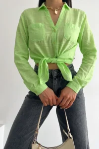 FEMELLE Women's Light Green V-Neck Double Pocket Folding Sleeve Slim Fit Shirt - Image 4