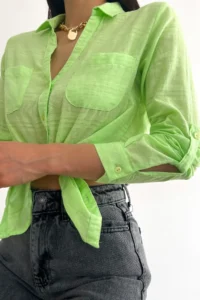 FEMELLE Women's Light Green V-Neck Double Pocket Folding Sleeve Slim Fit Shirt - Image 6