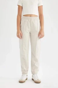 DeFacto Girl's Gray Standard Fit Basic Plain School Jogger Sweatpants with Elastic Waist Cuff Pocket