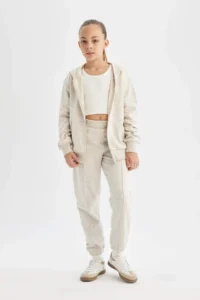 DeFacto Girl's Gray Standard Fit Basic Plain School Jogger Sweatpants with Elastic Waist Cuff Pocket - Image 2