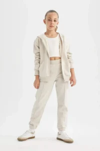 DeFacto Girl's Gray Standard Fit Basic Plain School Jogger Sweatpants with Elastic Waist Cuff Pocket - Image 3