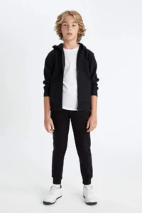 DeFacto Boy's Black Basic Plain Jogger School Sweatpants with Elastic Waistband and Pockets