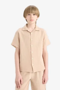DeFacto Oversize Wide Fit Polo Neck Muslin Short Sleeve Shirt Boy - Image 3