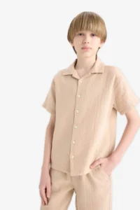 DeFacto Oversize Wide Fit Polo Neck Muslin Short Sleeve Shirt Boy - Image 4