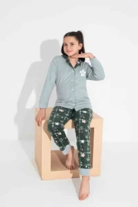 Tarık Girls, Youth and Children Daisy Patterned Front Buttoned Long Sleeve Fleece Winter Warm Pajama Set