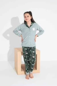 Tarık Girls, Youth and Children Daisy Patterned Front Buttoned Long Sleeve Fleece Winter Warm Pajama Set - Image 2