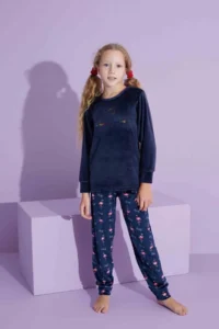 Tarık Girls, Youth and Children Swan Patterned Long Sleeve French Velvet Fabric Winter Warm Pajama Set