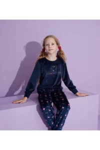 Tarık Girls, Youth and Children Swan Patterned Long Sleeve French Velvet Fabric Winter Warm Pajama Set - Image 2
