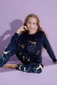 Tarık Children's Deer Patterned Long Sleeve French Velvet Fabric Winter Warm Pajama Set