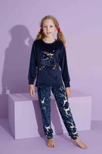 Tarık Children's Deer Patterned Long Sleeve French Velvet Fabric Winter Warm Pajama Set - Image 2