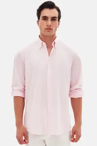 D'S Damat Ds Damat Comfort Pink Button Collar Relaxed Cut Linen Look 100% Cotton Shirt