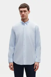 D'S Damat Ds Damat Comfort Blue Button Collar Relaxed Cut Linen Look 100% Cotton Shirt