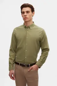 D'S Damat Ds Damat Comfort Green Button Collar Relaxed Cut Linen Look 100% Cotton Shirt
