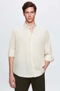 D'S Damat Ds Damat Comfort Beige Button Collar Relaxed Cut Linen Look 100% Cotton Shirt