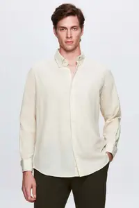 D'S Damat Ds Damat Comfort Beige Button Collar Relaxed Cut Linen Look 100% Cotton Shirt - Image 2