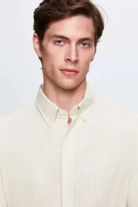 D'S Damat Ds Damat Comfort Beige Button Collar Relaxed Cut Linen Look 100% Cotton Shirt - Image 3