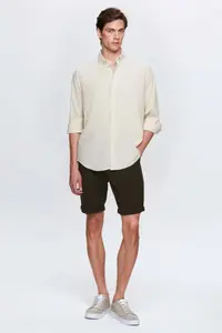 D'S Damat Ds Damat Comfort Beige Button Collar Relaxed Cut Linen Look 100% Cotton Shirt - Image 6