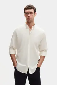 D'S Damat Ds Damat Comfort Ecru Button Collar Relaxed Cut Linen Look 100% Cotton Shirt