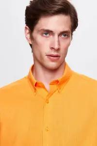 D'S Damat Ds Damat Comfort Light Orange Button Collar Relaxed Cut Linen Look 100% Cotton Shirt - Image 2