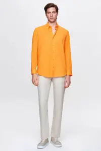 D'S Damat Ds Damat Comfort Light Orange Button Collar Relaxed Cut Linen Look 100% Cotton Shirt - Image 4