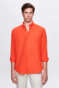 D'S Damat Ds Damat Comfort Orange Button Collar Relaxed Cut Linen Look 100% Cotton Shirt