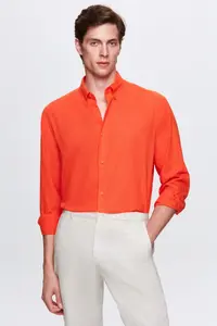 D'S Damat Ds Damat Comfort Orange Button Collar Relaxed Cut Linen Look 100% Cotton Shirt - Image 2