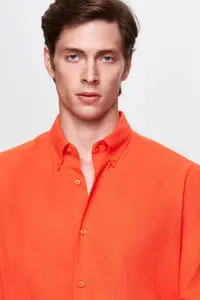 D'S Damat Ds Damat Comfort Orange Button Collar Relaxed Cut Linen Look 100% Cotton Shirt - Image 3