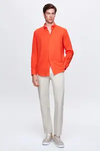 D'S Damat Ds Damat Comfort Orange Button Collar Relaxed Cut Linen Look 100% Cotton Shirt - Image 6
