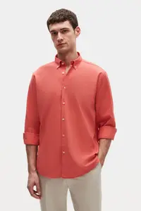 D'S Damat Ds Damat Comfort Pomegranate Blossom Button Collar Relaxed Cut Linen Look 100% Cotton Shirt