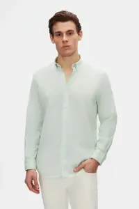 D'S Damat Ds Damat Comfort Water Green Button Collar Relaxed Cut Linen Look 100% Cotton Shirt