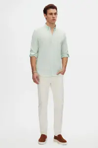 D'S Damat Ds Damat Comfort Water Green Button Collar Relaxed Cut Linen Look 100% Cotton Shirt - Image 2