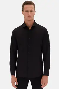 D'S Damat Ds Damat Slim Fit Black Italian Collar Dobby Long Sleeve Easy to Iron Breathable Four Seasons