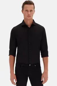 D'S Damat Ds Damat Slim Fit Black Italian Collar Dobby Long Sleeve Easy to Iron Breathable Four Seasons - Image 2