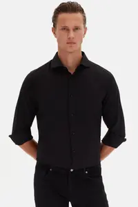 D'S Damat Ds Damat Slim Fit Black Italian Collar Dobby Long Sleeve Easy to Iron Breathable Four Seasons - Image 4