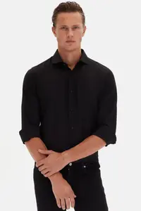 D'S Damat Ds Damat Slim Fit Black Italian Collar Dobby Long Sleeve Easy to Iron Breathable Four Seasons - Image 7