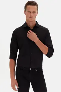 D'S Damat Ds Damat Slim Fit Black Italian Collar Dobby Long Sleeve Easy to Iron Breathable Four Seasons - Image 8
