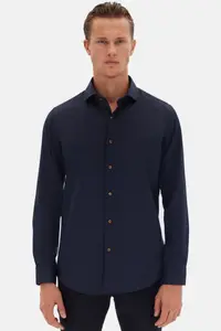 D'S Damat Ds Damat Slim Fit Navy Blue Italian Collar Dobby Long Sleeve Easy Ironable Breathable Four-piece