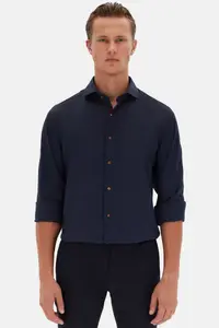 D'S Damat Ds Damat Slim Fit Navy Blue Italian Collar Dobby Long Sleeve Easy Ironable Breathable Four-piece - Image 2