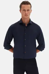 D'S Damat Ds Damat Slim Fit Navy Blue Italian Collar Dobby Long Sleeve Easy Ironable Breathable Four-piece - Image 3