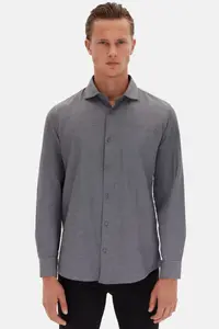 D'S Damat Ds Damat Slim Fit Anthracite Italian Collar Dobby Long Sleeve Easy to Iron Breathable Four-piece