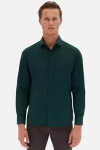 D'S Damat Ds Damat Slim Fit Dark Green Italian Collar Dobby Long Sleeve Easy to Iron Breathable Four-piece