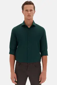 D'S Damat Ds Damat Slim Fit Dark Green Italian Collar Dobby Long Sleeve Easy to Iron Breathable Four-piece - Image 2